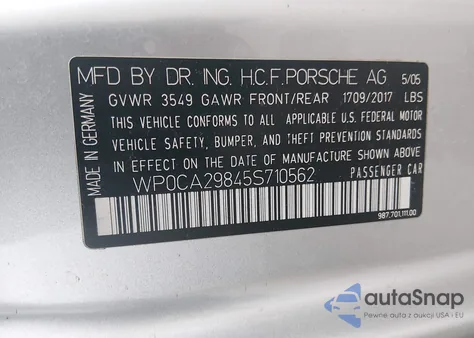 2005 Porsche Boxster z USA, uszkodzony, nr VIN WP0CA29845S710562